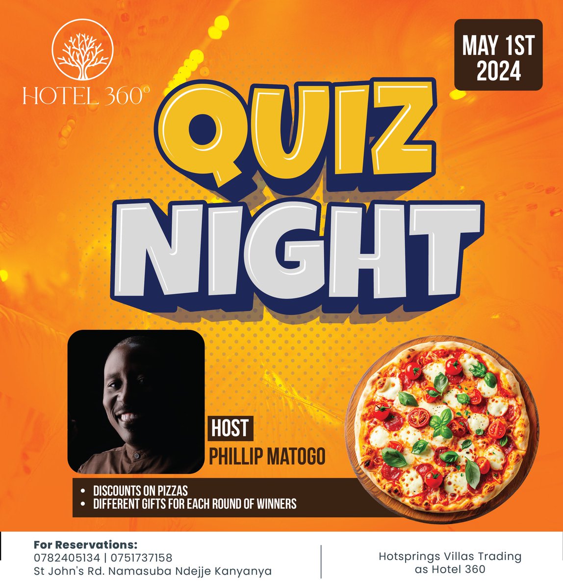 Get ready for a night of fun and brain-teasing excitement! Join us at Hotel 360 for our Quiz Night extravaganza on May 1st! 

Test your knowledge, enjoy delicious discounted pizzas, and win fantastic prizes

#BeyondTheStay #Hotel360