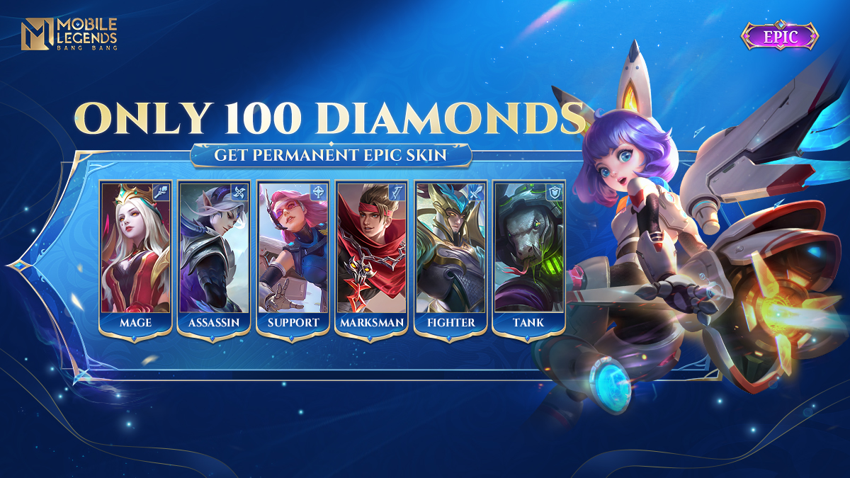 The 100 Diamond Bonus event is in full swing, you can get a permanent Epic skin for just 100 Diamonds! Each account can only enjoy the bonus once! Log in now and pick your favorite skin! #MobileLegendsBangBang