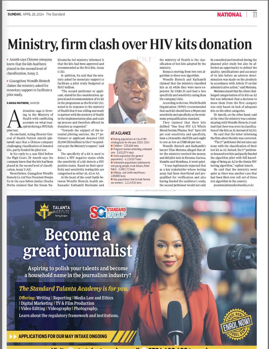 Conflicting narratives emerge in the Ministry of Health donation saga over HIV testing kits. Dr. Patrick Amoth asserts kits were classified as A2, while Guangzhou Wondfo Biotech Co. Ltd claims they were assured A1 classification. #HealthScandalKenya #SaveLivesKenya
