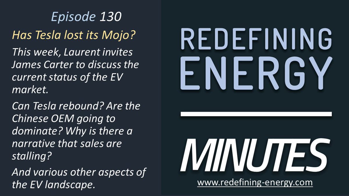 Ep130: Minutes - EVs: Has Tesla lost its Mojo? #applepodcast podcasts.apple.com/gb/podcast/red… #spotify open.spotify.com/show/4FDIRo16s… @MegaWattXinfo discuss the status of the EV market with @JamesVisionMobi while @gerardreid14 is off this week