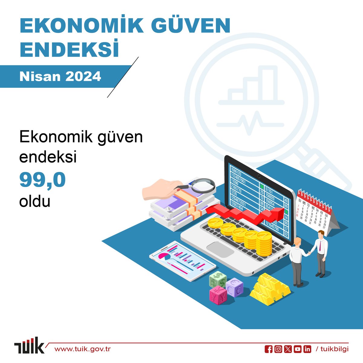 Ekonomik Güven Endeksi, Nisan 2024 Ekonomik güven endeksi 99,0 oldu Detaylar için web sitemizi ziyaret edebilirsiniz.🔎 ↪️ data.tuik.gov.tr/Bulten/Index?p…