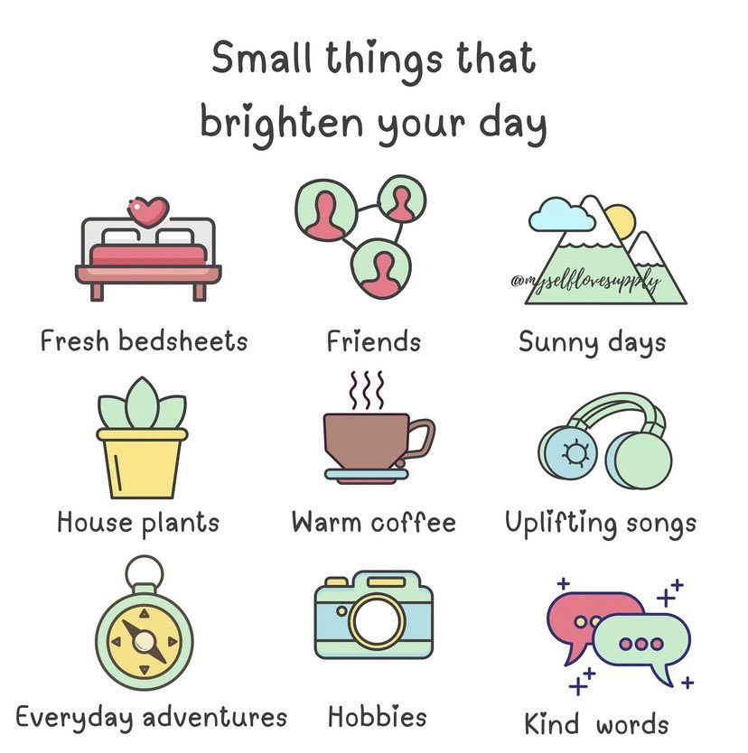 If you have woken up this morning not feeling it how about having a look through these great suggestions of things to brighten your day from @myselflovesupply Is there anything else which can brighten up your day? Have a good day💜 #joy #littlethings #whatdoyouneed #connection