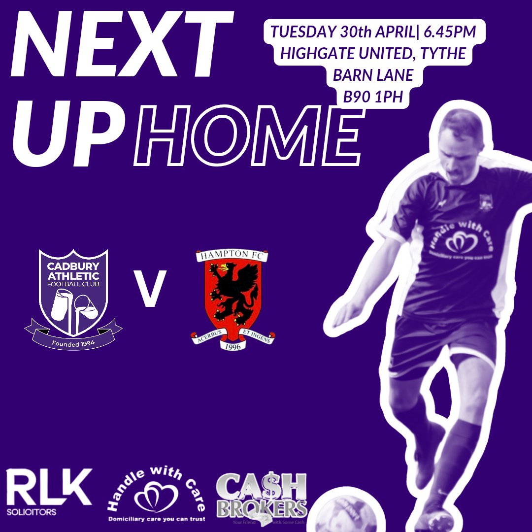 NEXT UP 👉 Our final home game & penultimate game of the season tomorrow when we entertain @hampton_fc - please note this game will be played at @HighgateUnited 🕖 6.45PM 📍Tythe Barn Lane B90 1PH 🎟️ £5 Adults, £3 CON, U16 FREE Come down & cheer on the Chocolate Men 🍫 🟣 ⚪