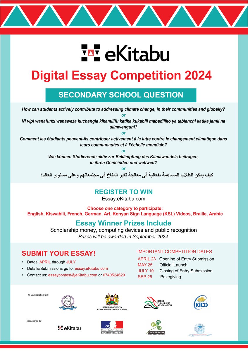 Enter to win! eKitabu Digital Essay Competition 2024 is now open. Upper Primary and Secondary school learners are welcome to participate. Submissions are done at essay.eKitabu.com #DEC2024