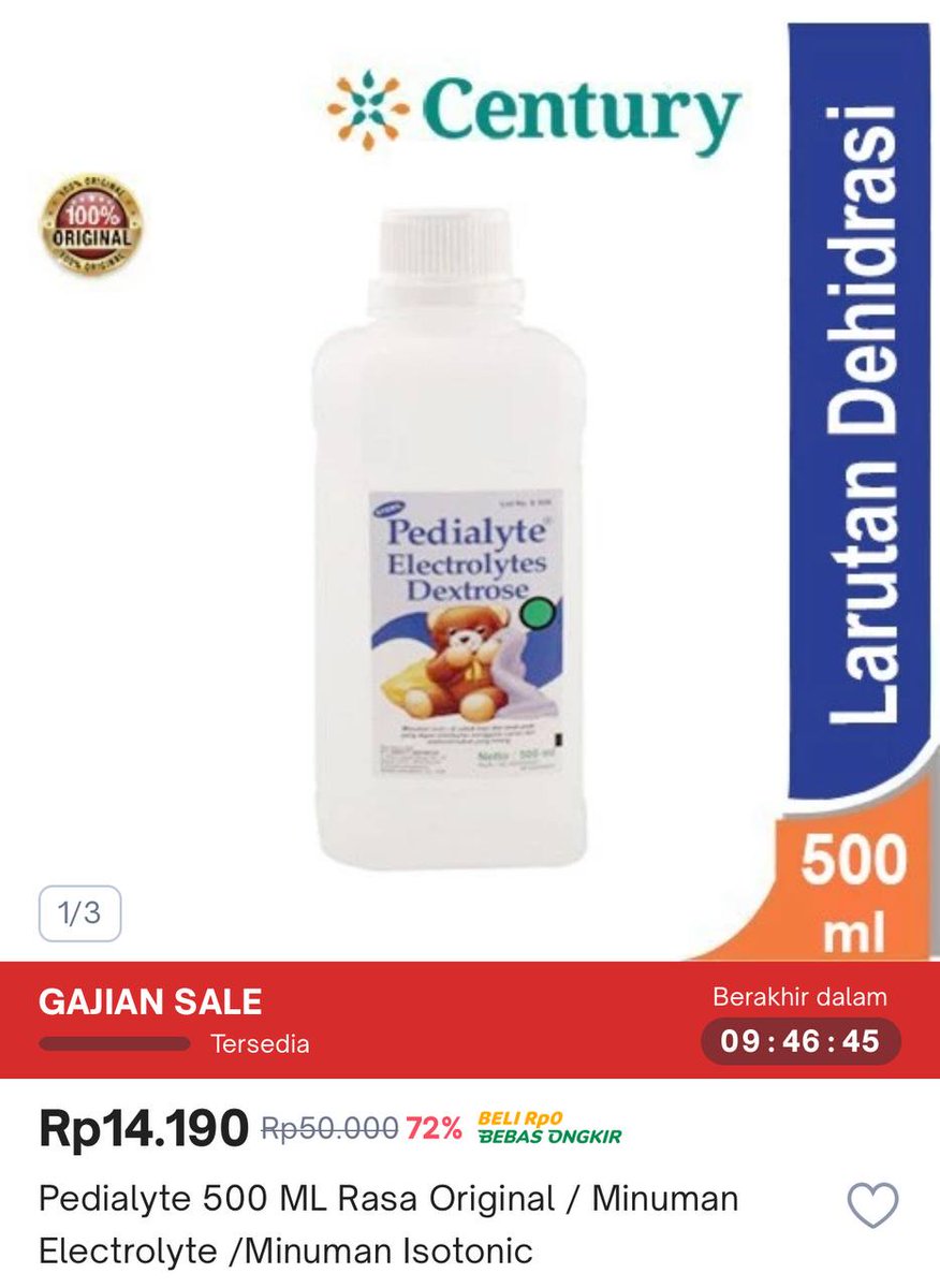 [ TOKOPEDIA ]
Pedialyte 500 ML Rasa Original / Minuman Electrolyte /Minuman Isotonic
racun.in/TT487