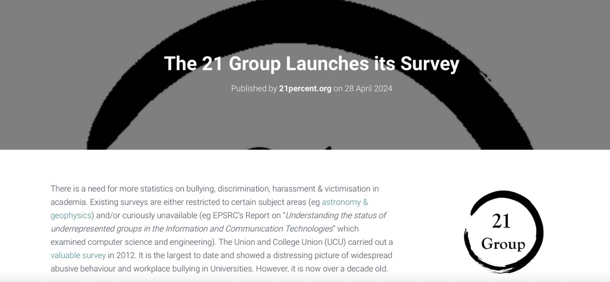 Data on bullying & harassment are not hard to gather if will is there @21percentgroup is writing to UK universities with questions under Freedom of Information Act 21percent.org/?p=945 We look forward to cooperation with universities in tackling this scourge #academia