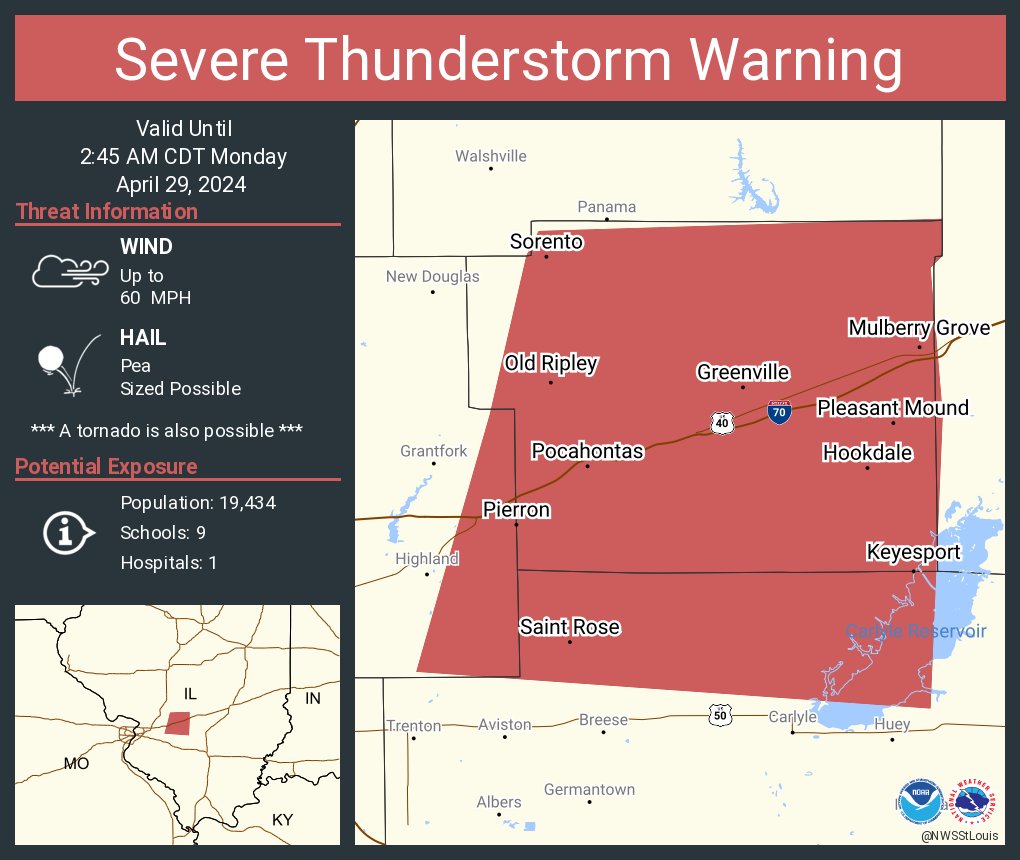 Severe Thunderstorm Warning continues for Greenville IL, Pocahontas IL and Mulberry Grove IL until 2:45 AM CDT
