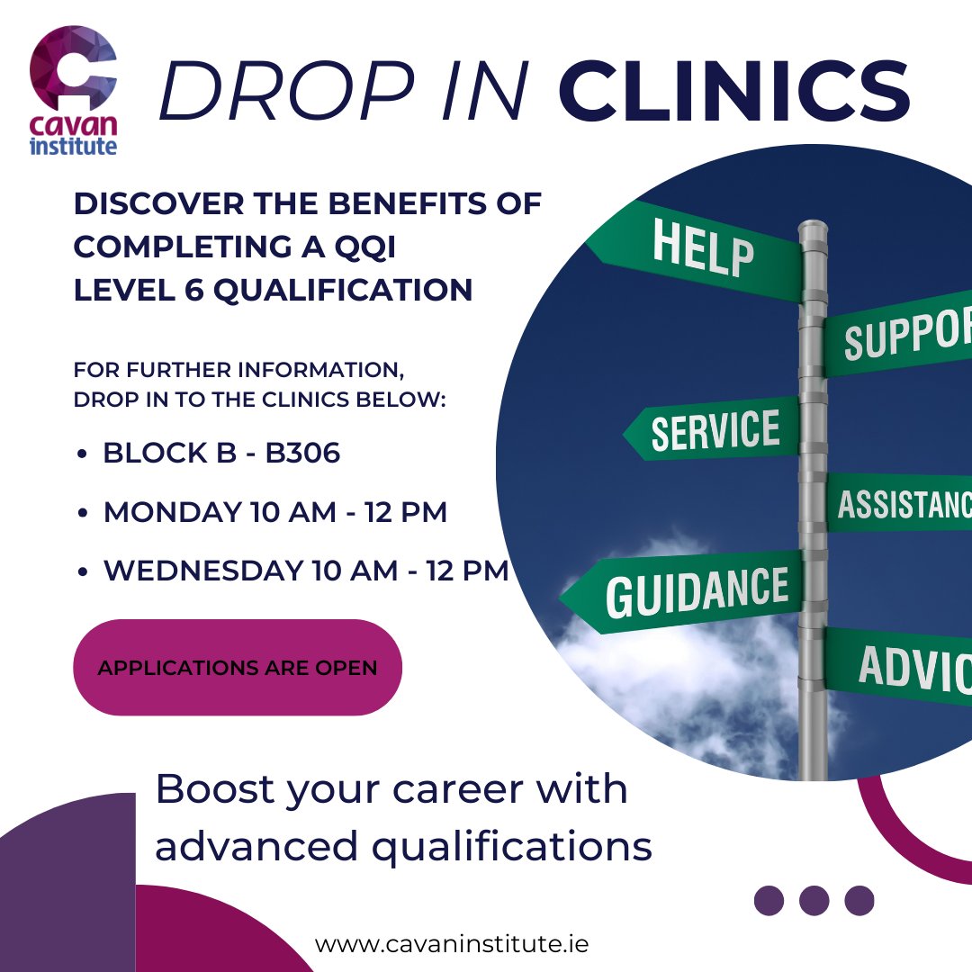 Student Drop In Clinics Boost your career with advanced qualifications Discover the benefits of completing a QQI Level 6 Qualification For further information, drop in to the clinics below: Block B - B306 Monday 10 am - 12 pm Wednesday 10 am - 12 pm