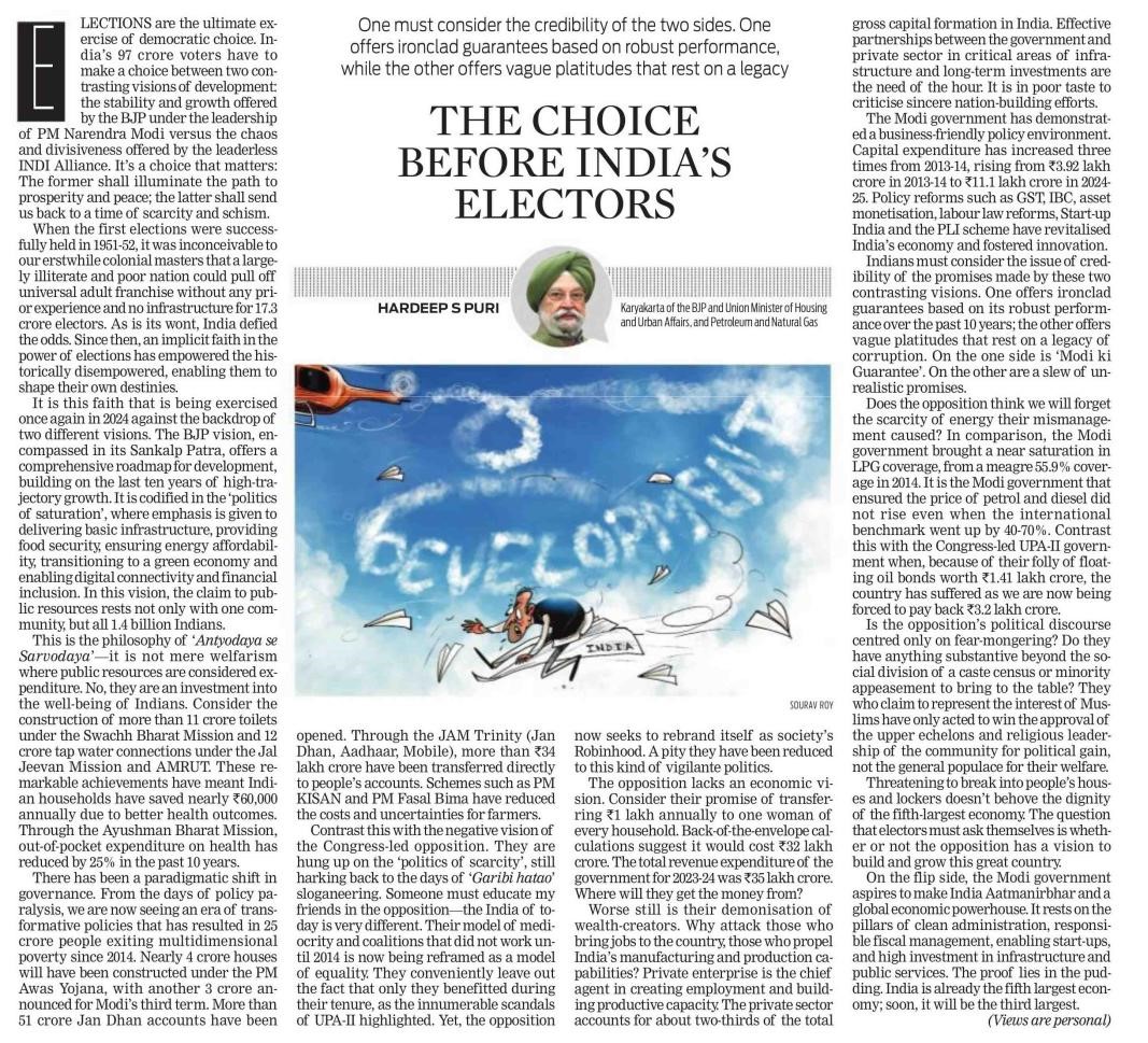 India's ongoing elections are about choosing between #ModikiGuarantee and empty & unrealistic false promises; between politics of saturation and politics of scarcity; between economic prosperity and maoist anarchy. The BJP government, led by PM Sh @narendramodi Ji, presents a…