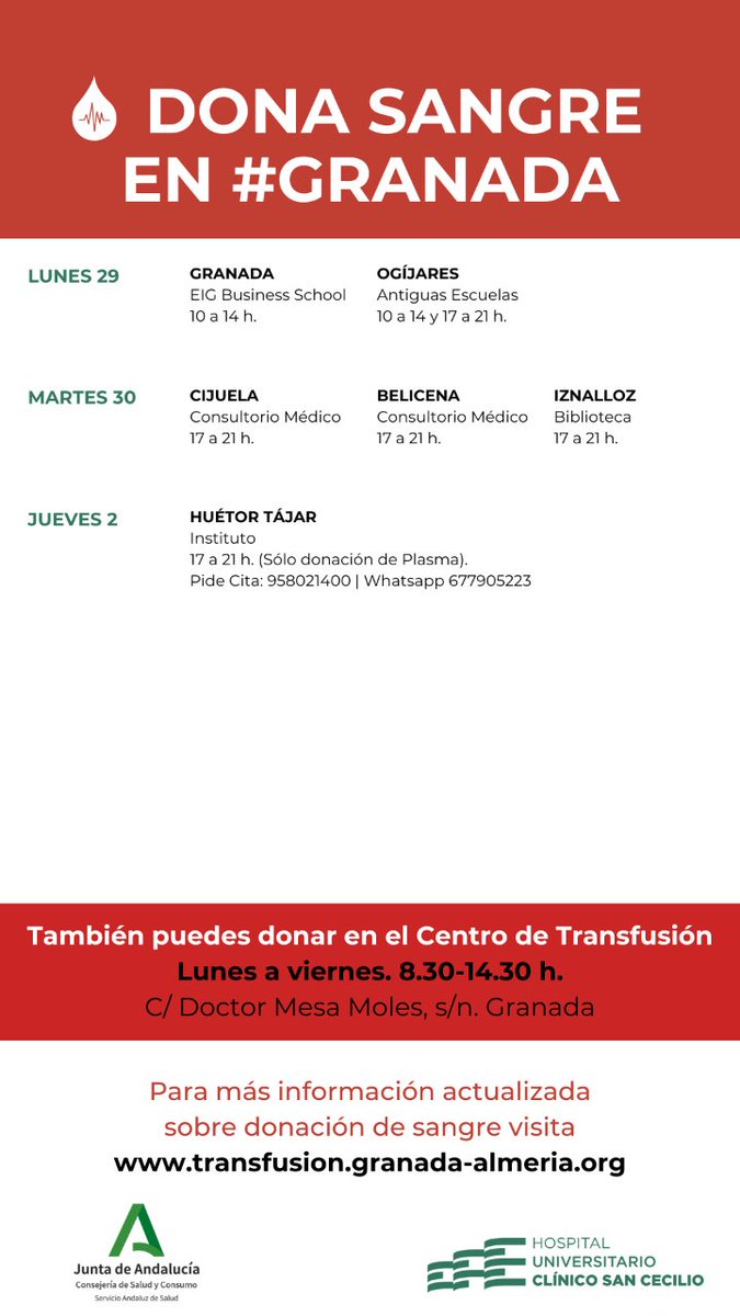 🆕 Donaciones de sangre previstas en la provincia de #Granada para esta semana. También puedes donar en el Centro de Transfusión de lunes a viernes en horario de mañana.  #DonaSangre 🩸