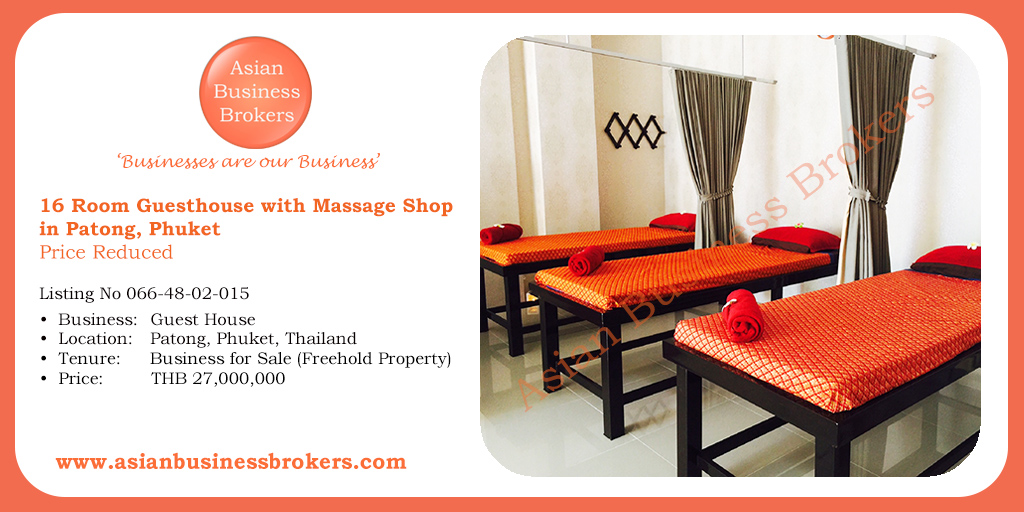 16 Room Guesthouse with Massage Shop in Patong, Phuket
Price: THB 27,000,000
Listing No. 066-48-02-015

#Guesthouse #Massage #Massageshopforsale #GuesthouseforSale #Phuket #Thailand #forSale #BusinessinPhuket #BusinessinThailand #Business #BusinessinAsia #BusinessforSale #Asian