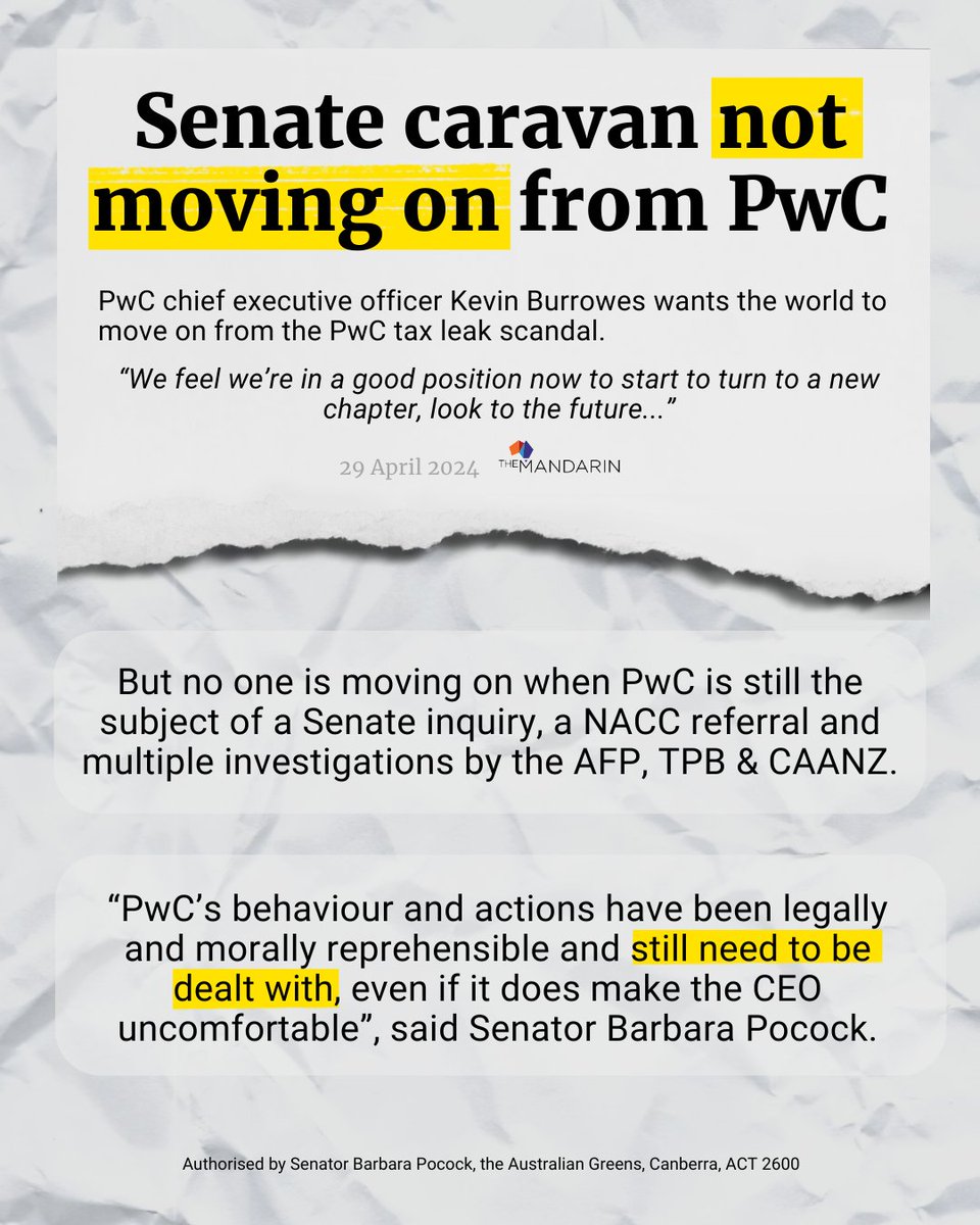 There's no moving on when PwC remains at the centre of multiple investigations, and has yet to produce the Linklaters report.

The committee will continue to work tirelessly to hold them to account.

#auspol @TheMandarinAU