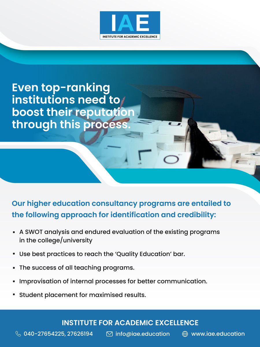 Even top-ranking institutions need to boost their reputation through this process.

Our higher education consultancy programs are entailed to the following approach for identification and credibility. 

#IAE #AcademicExcellence #NAACAccreditation #TopRanking #Institutions