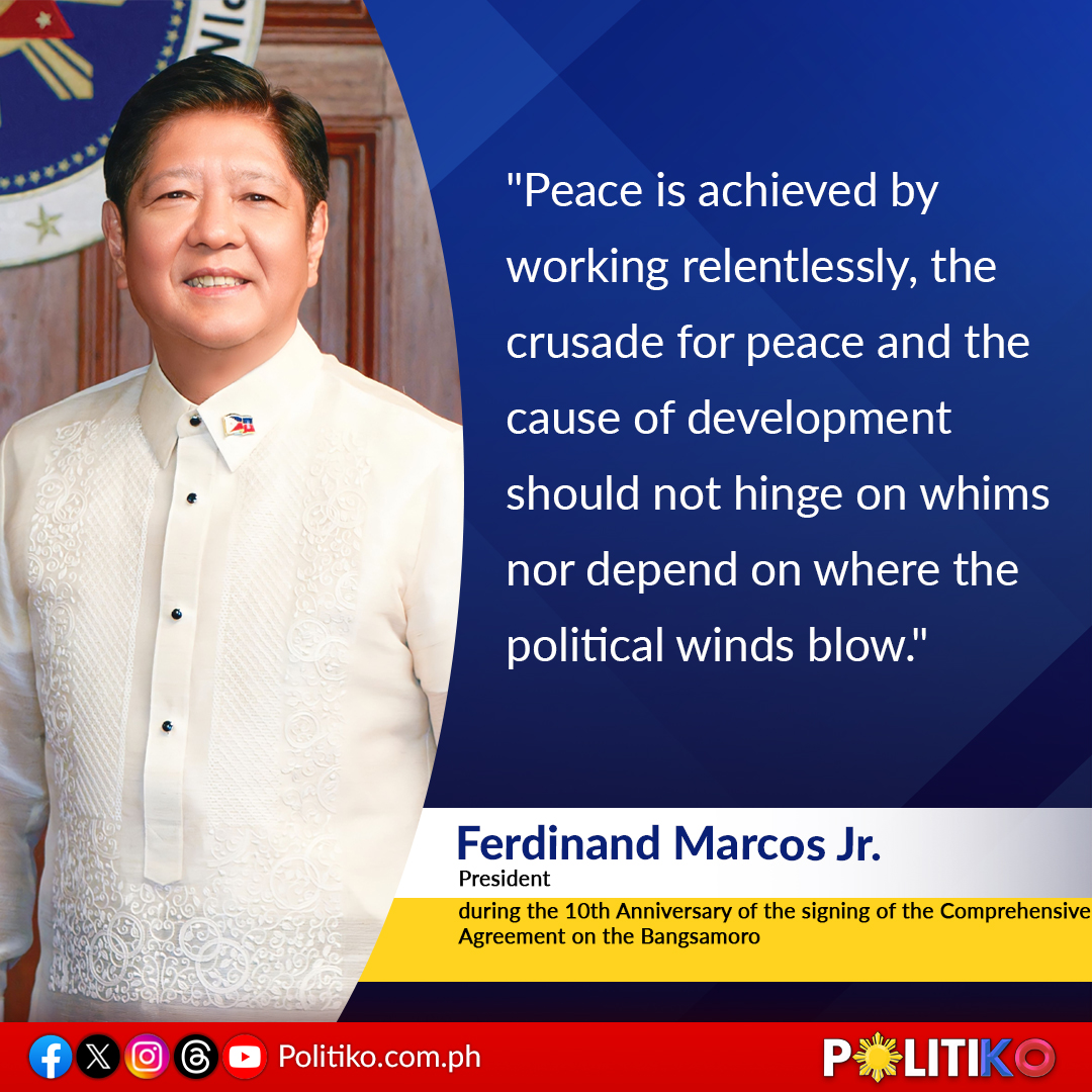 The peace process being pursued by the Philippine government with the Bangsamoro is not an easy job and requires a “strong” political will, President Ferdinand Marcos Jr. said Monday.

READ: politiko.com.ph/2024/04/29/ban…