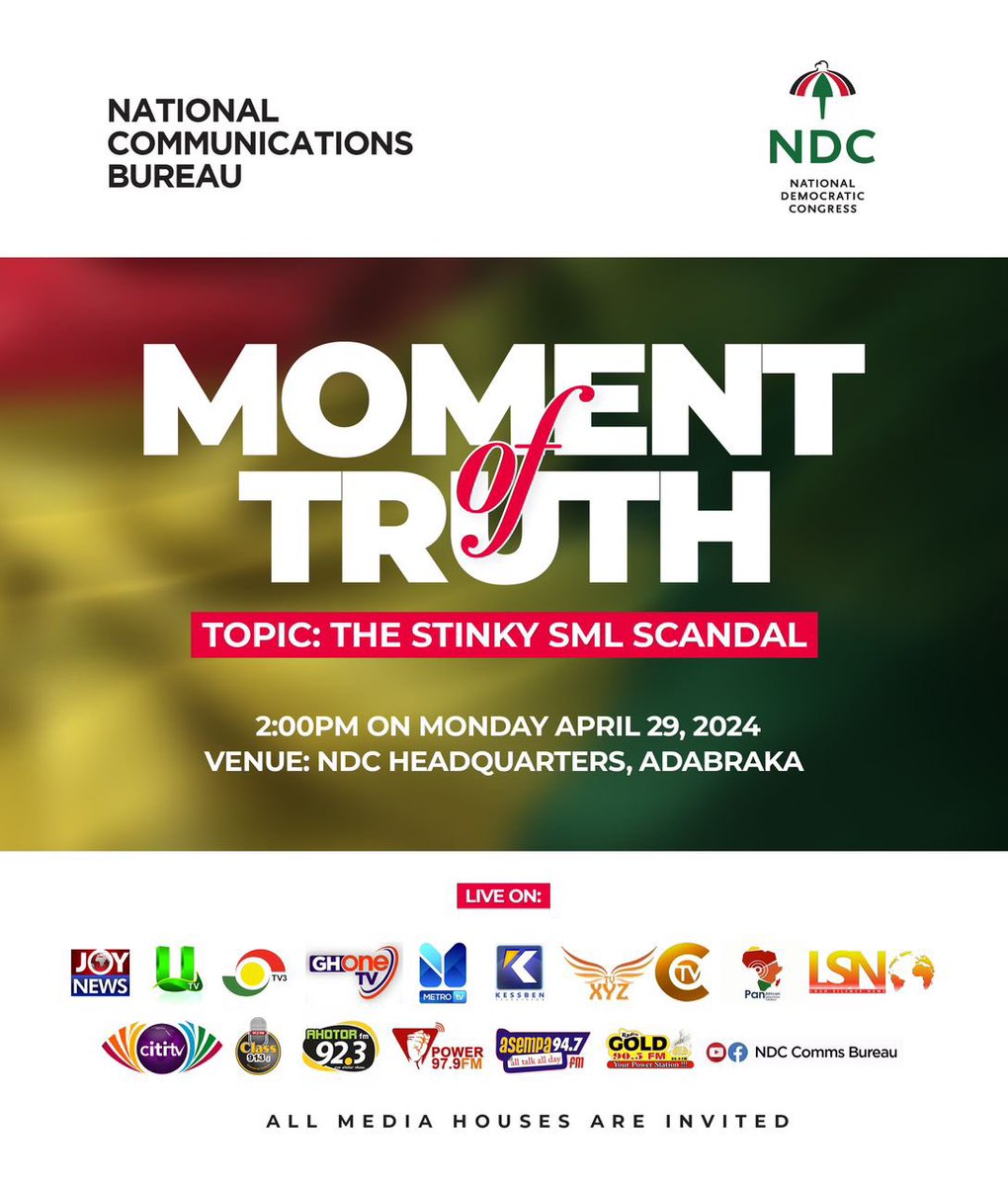 *Don’t miss tomorrow’s Edition of the NDC’s Moment Truth presser on the stinky SML scandal 🔥🔥🔥* Endemic corruption has totally destroyed our economy and Akufo Addo and Bawumia have refused to take responsibility!
