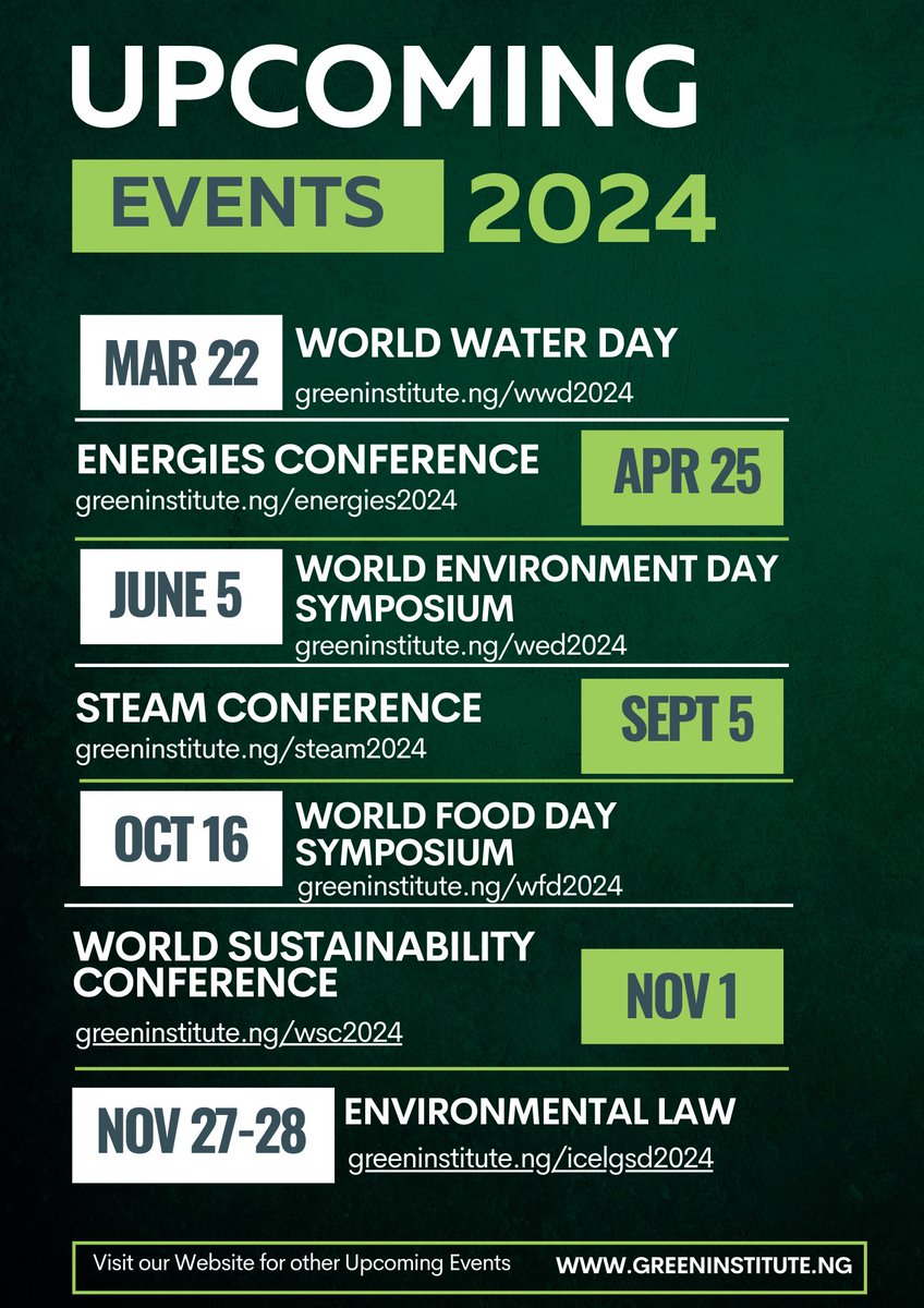 Did you miss the just-concluded #Energies 1.0 Conference? Don't worry! There is more to come. Register for:

#WED2024: June 5, 2024
greeninstitute.ng/wed2024

Global Steam Conference: Sept. 5, 2024
greeninstitute.ng/steam2024

#WorldFoodDay: October 16, 2024
greeninstitute.ng/wfd2024