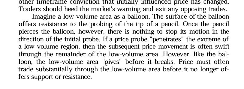 Stoiiic's tweet photo. On High & Low Volume Nodes

"A trader has one job....

to observe the story being told by the market as it develops vertically and horizontally."

┄┄┄┄┄┄┄┄┄┄┄┄┄┄┄┄┄┄┄

-  Brief, simplified discussion & storyline of how to view these areas.

>  I got a bunch of DMs asking about this so I figured I would address them in this tweet.

As always, NFA. please collect your own data & make your own observations.

┄┄┄┄┄┄┄┄┄┄┄┄┄┄┄┄┄┄┄

High Volume Node (HVN)

- A point of control is a high volume node but a high volume node does not have to be a point of control i.e. there can be multiple HVNs in a range, the node with the highest volume is the (volume) PoC.

(More on point of controls and naked point of controls in the future)

- This concentration of high volume is a result of the market spending a relatively significant amount of time trading within a range.

- This gives rise to a mean-reverting environment where both buyers and sellers are active, forming a short-term balance in which

price slows down to facilitate trades in these areas.

simple way to look at it - approaching from below = resistance, approaching from above = support.

I typically look at momentum and spot activity into these areas to determine the underlying strength of the move i.e. approaching range PoC (HVN) for $BTC = want to see spot chasing the bid (aggressive bid volume) to break out to the other side of value from under the PoC.

An excerpt from Mind Over Markets - Dalton- describing high volume regions

┄┄┄┄┄┄┄┄┄┄┄┄┄┄┄┄┄┄┄

Low Volume Node (LVN)

- These areas are representative of rejection or imbalance (trending/one-sided price action).

The opposite of HVNs, these areas represent "unfair" prices in the sense that participants have not allowed price action to develop in these regions.

- Just as HVNs create areas where price is "slowed down", 

LVNs can create the opposite impact of price traversing through these areas with speed (since prior value was not established).

Think air-gap.

An excerpt from Mind Over Markets - Dalton, describing Low Volume Nodes as a balloon that is being poked with a pencil.

┄┄┄┄┄┄┄┄┄┄┄┄┄┄┄┄┄┄┄

Hope this clears it up a bit more. 

For further questions, hit up my fellow volume enjoyor, smartestmoney.

LOL jk my DMs are open, just takes me some time to make my way through. 🫡

┄┄┄┄┄┄┄┄┄┄┄┄┄┄┄┄┄┄┄