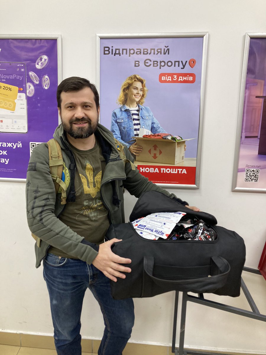 A five-digits-valued package of combat gauze and chest seals just sent to the front line. Dozens of lives saved, thank to @FreedomTodayNet who payed for the equipment. The poster with a lady says: „send goods to Europe“, I decided to paraphrase it with my bearded-from-Europe pic.