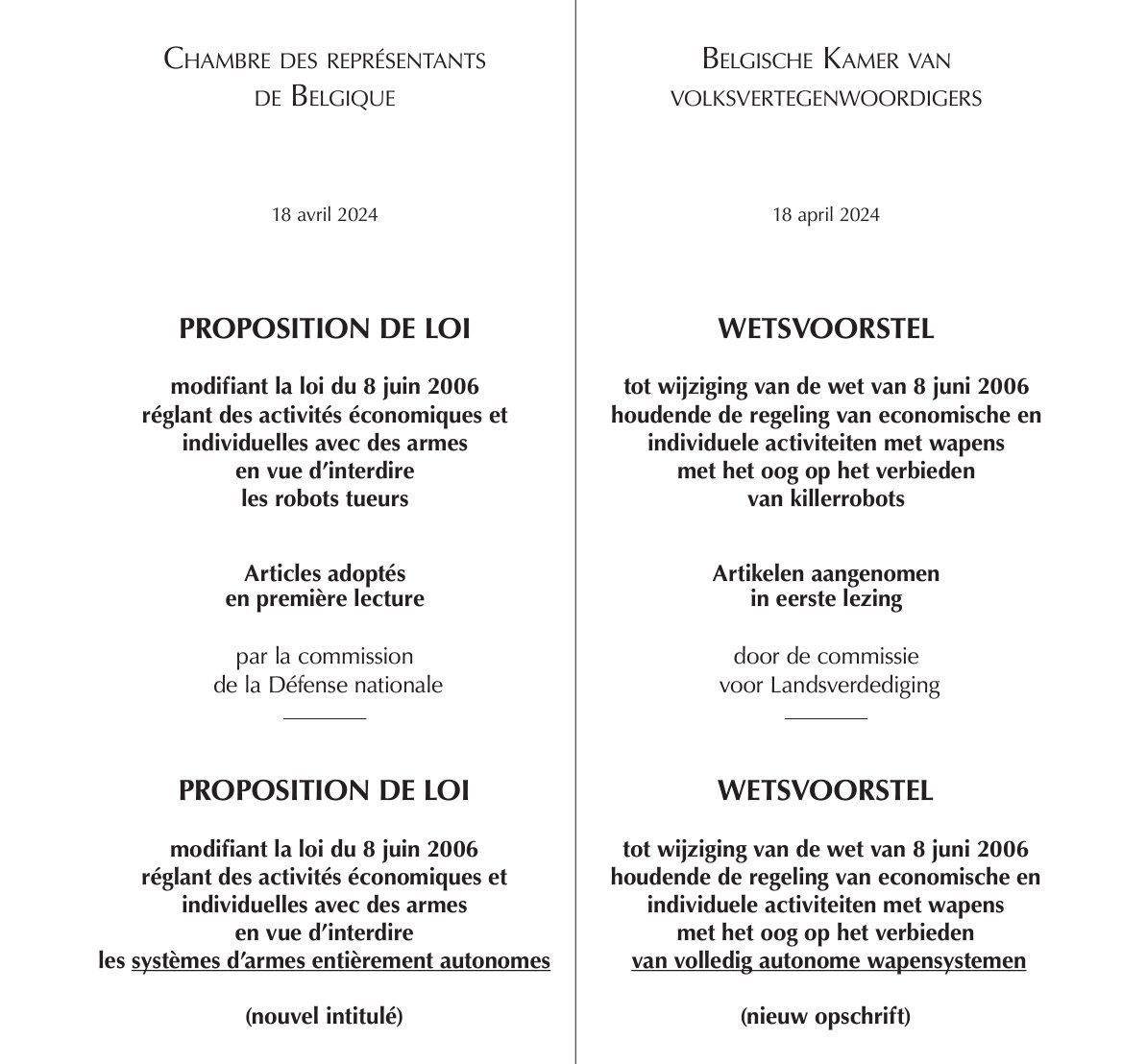 #Belgium🇧🇪 can make history on 2 May and prohibit #AutonomousWeapons. 

Make this happen - call on MPs vote to #StopKillerRobots! 🗳️
Faites-le! 
Doen! 

@WouterDeVriendt @GuillaumeDef @HuguesBayet @andreflahaut @LacroixCh @ducarmedenis @hendrikbogaert @TimVandenput @krisverduyckt