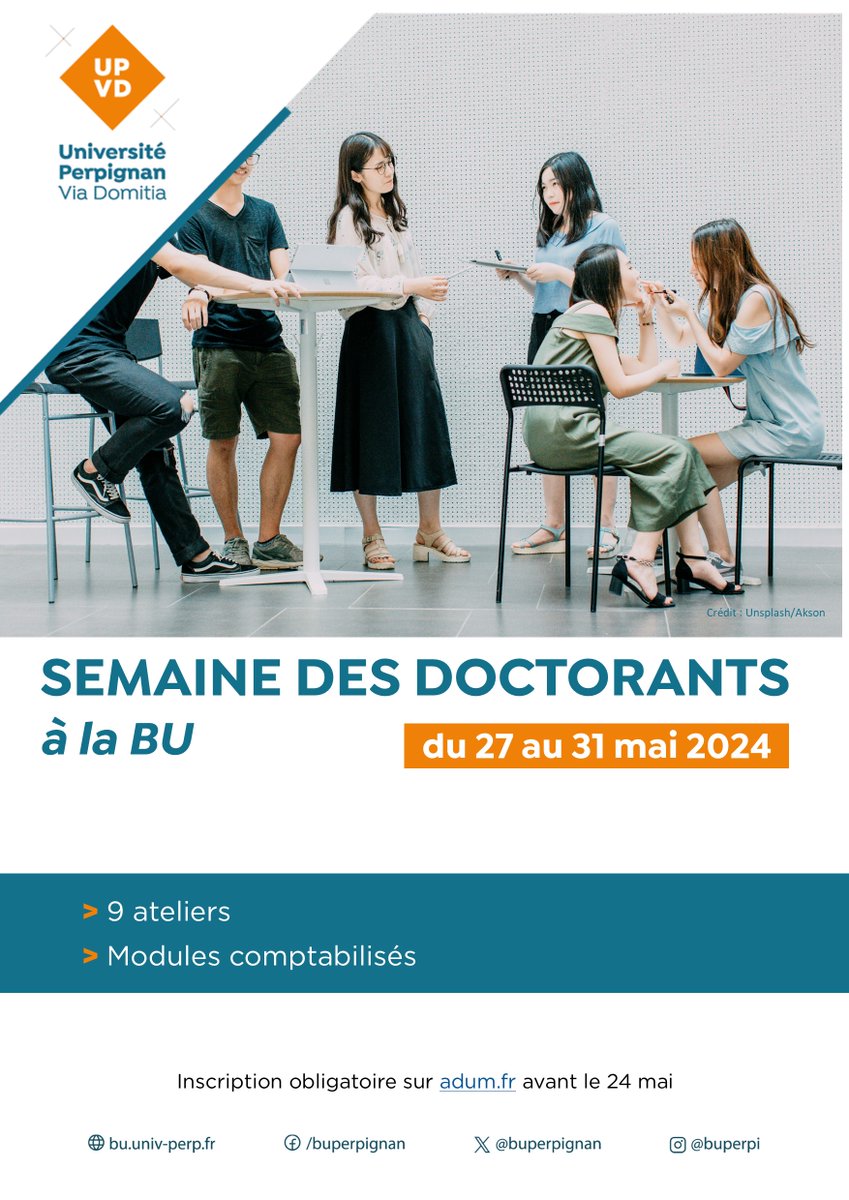 [semaine des doctorants à la BU]
9 ateliers vous sont proposés du 27 au 31 mai 2024 (écriture de la thèse, escape game, publier dans les revues...)
Tous les détails ->
bu.univ-perp.fr/bibliotheques/…
#doctorant #formation #upvd #etudiant
poke @UPVDoc