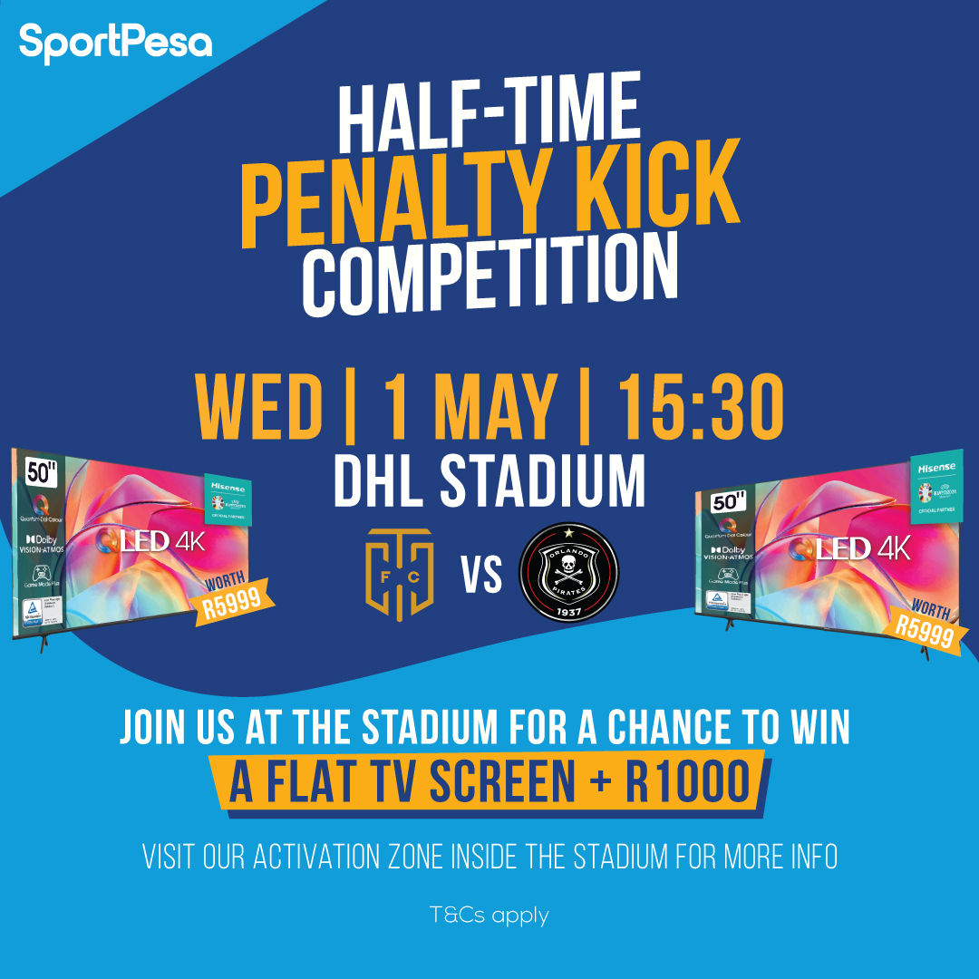 1 May 2024 save the date 🥳🥳 Cape Town City 🆚 Orlando Pirates Come join us at DHL Stadium for a chance to win exciting prizes. #penaltyshootout #SportPesa #MakeItCount