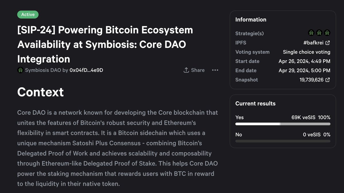 The Core @Coredao_Org DAO is LIVE 📌 Participate in the Core DAO launched by the $SIS team and indicate your opinions on integrating this blockchain: snapshot.org/#/symbiosisdao…