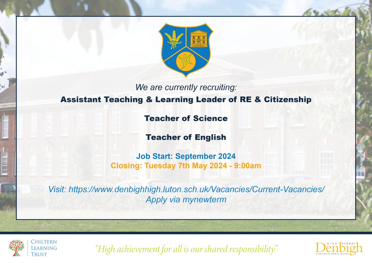We are seeking to appoint for a variety of teaching roles to join us in September. Please apply via My New Term. Closing date: 9:00am, Tuesday 7th May 2024. denbighhigh.luton.sch.uk/Vacancies/Curr…