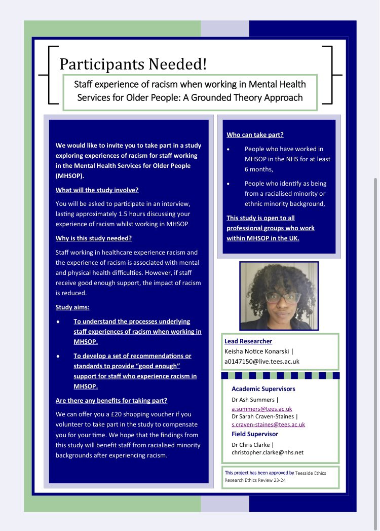 Keisha Notice Konarski (Trainee Clinical Psychologist) is completing her large scale research on looking at Staffs experiences of racism whilst working in Mental Health Services for Older People. If you are interested in taking part, please contact her directly! 
#MHSOP