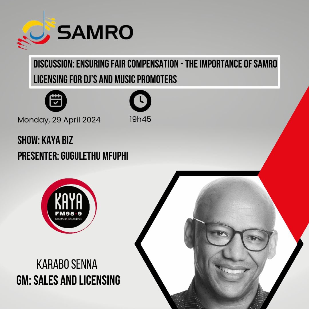 Tune in to @KayaON959 Bizz with Gugulethu Mfuphi tonight at 19h45 for an insightful discussion with SAMRO’s GM of Sales and Licensing, Karabo Senna, as he dissects fair compensation and the significance of SAMRO Licensing for DJs and Music Promoters. Don't miss out! #SAMRO…