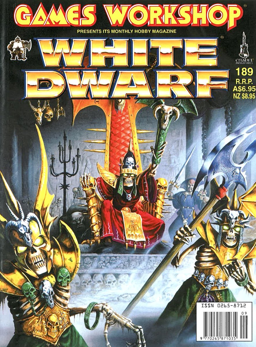 The beautiful cover of white dwarf issue 189. There appears to be a skeleton sitting in a chair? Does anyone know who this is supposed to be? Is that the corpse emperor on the golden throne? . #oldhammer #art #warhammercommunity #warhammer40k #40k