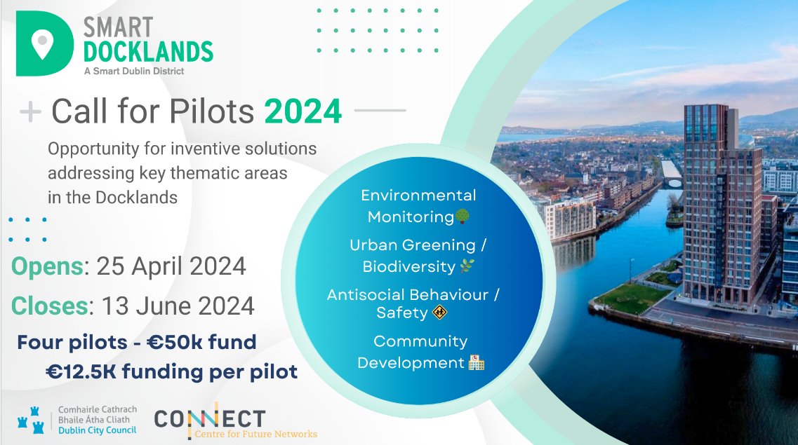 [Open Call] Smart Docklands announces a Call for Pilots in 2024! Building on our recent community engagement results, we are launching an open call for pilots across 4 themes from an overall fund of €50k 👇 smartdocklands.ie/smart-dockland… #Pilots2024 #OpenCall #SmartCities