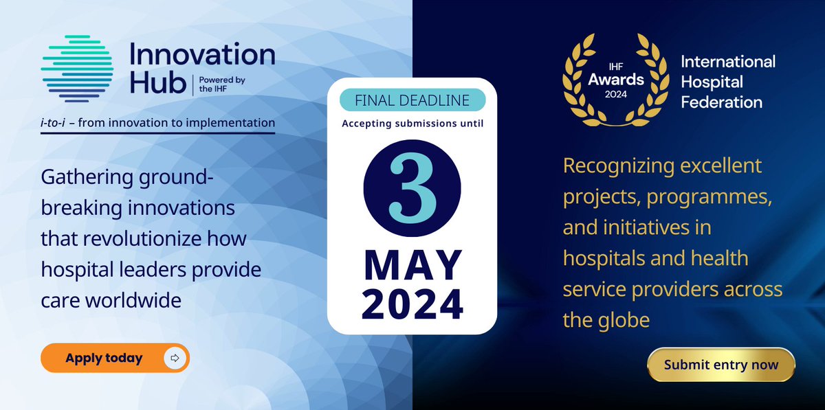 1 week to complete your application and submissions! Apply now for the 2024 i-to-i Innovation Hub: 💡ihf-fih.org/what-we-do/i-t… And submit your entries to the #IHFAwards 2024! 🏆ihf-fih.org/what-we-do/ihf… To start the process, go to our submissions portal: ➡️ submissions.ihf-fih.org
