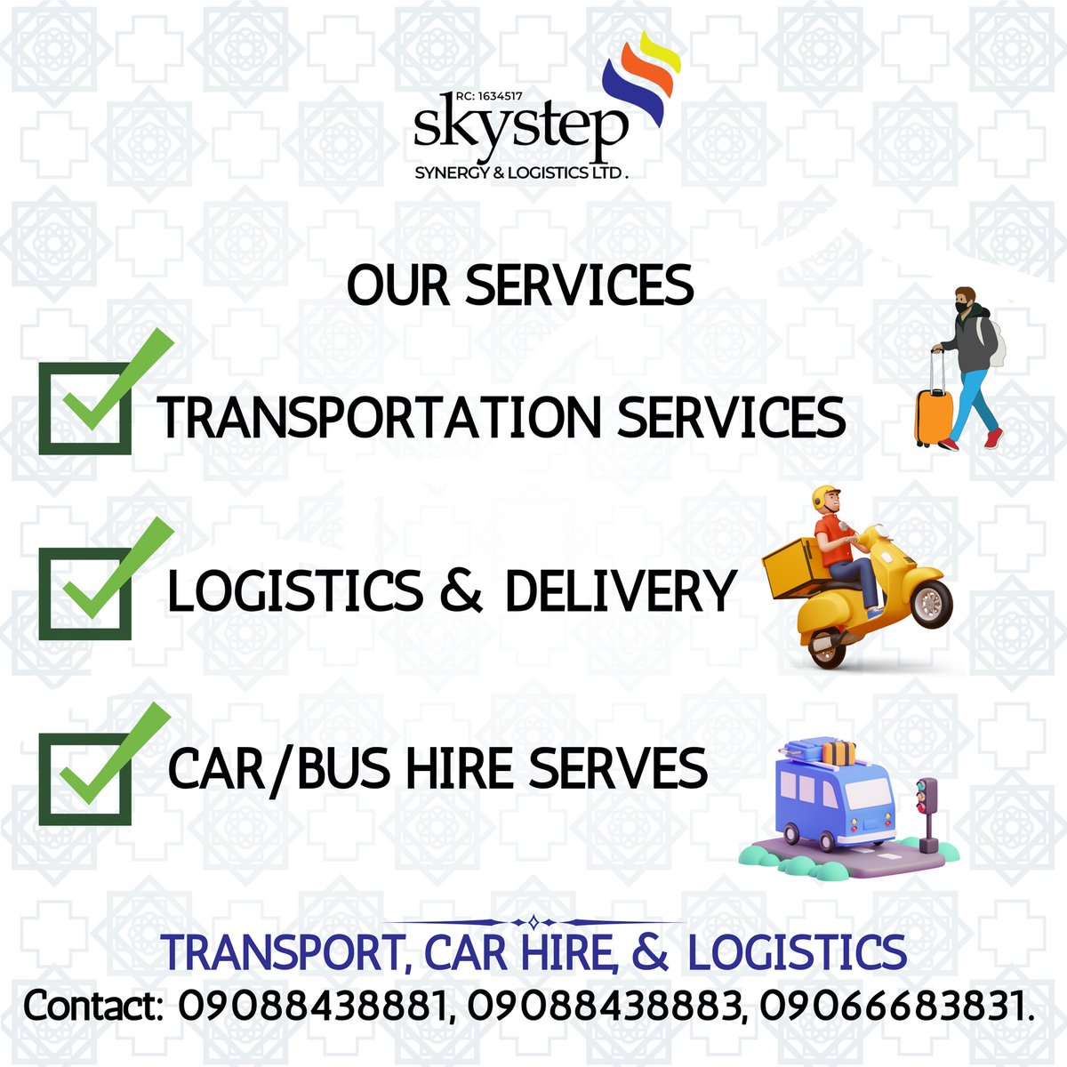 At Skystep we offer the following services #transportation #logistics and #delivery & we also offer #carhire / #bushire

Come for premium services at affordable price only with Skystep.

Call us now