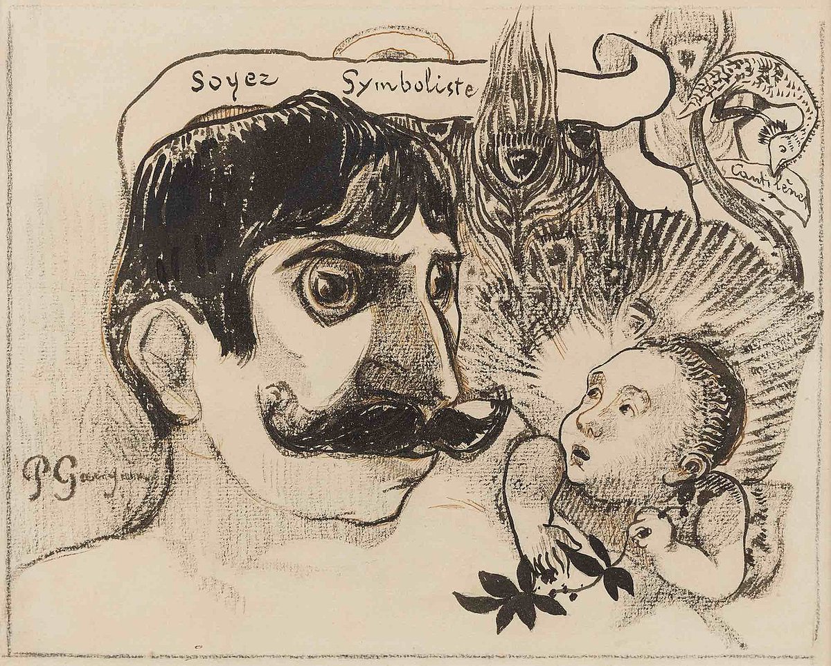 #CeJourLa | 30 avril 1910: Mort du 'père' grec du Symbolisme, Jean Moréas ▪ Dans son Manifeste littéraire (Le Figaro, 18.9.1886) il fonde le mouvement symboliste👇 grecehebdo.gr/la-racine-grec… 📷Paul Gauguin, Soyez Symboliste, portrait de Jean Moréas, 1890-1891, Wikimedia Commons