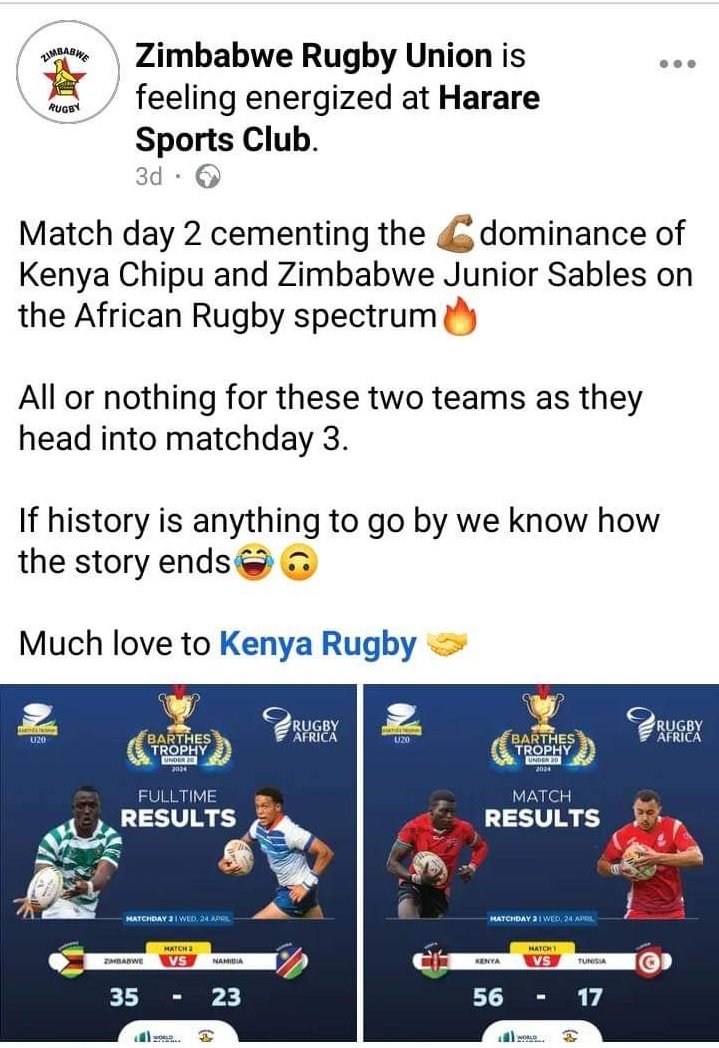 The Story ended bitterly until the Zimbabwe Rugby Union Admin forgot the log in details to write another story 😂

#barthescup2024 I #RugbyKe I #Chipu