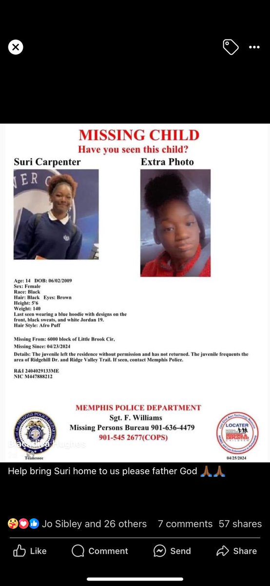 My daughter has been missing from Memphis, TN since 4/23. Share Please