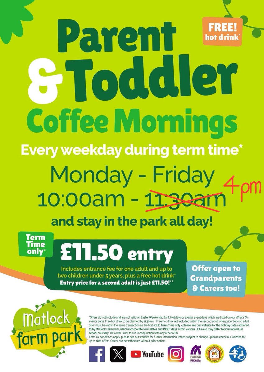 **STOP PRESS** From today we are extending the entry time for this fabulous offer from 10am-11:30am to ALL DAY! 😀 So a parent or grandparents can enjoy a day out at Matlock Farm Park on a weekday in term time, including up to two Toddlers for a total of only £11.50! Please…