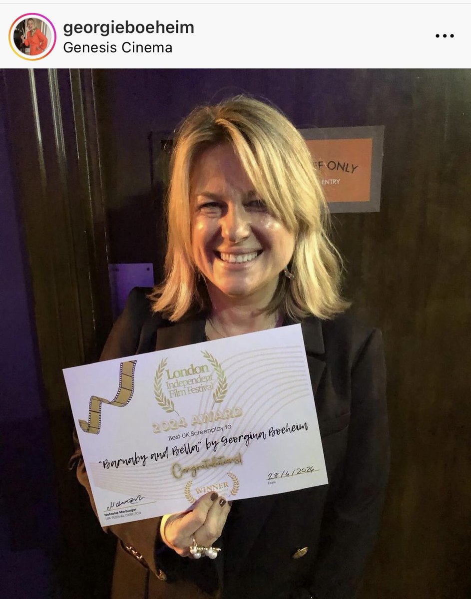 Waking up to a great friend’s triumph is such pure joy. @GeorgieBoheim winner of Best Screenplay for #BarnabyandBella at the ⁦@LondonIFF! A happy day for the #PetershamWritersGroup 🥰⁩