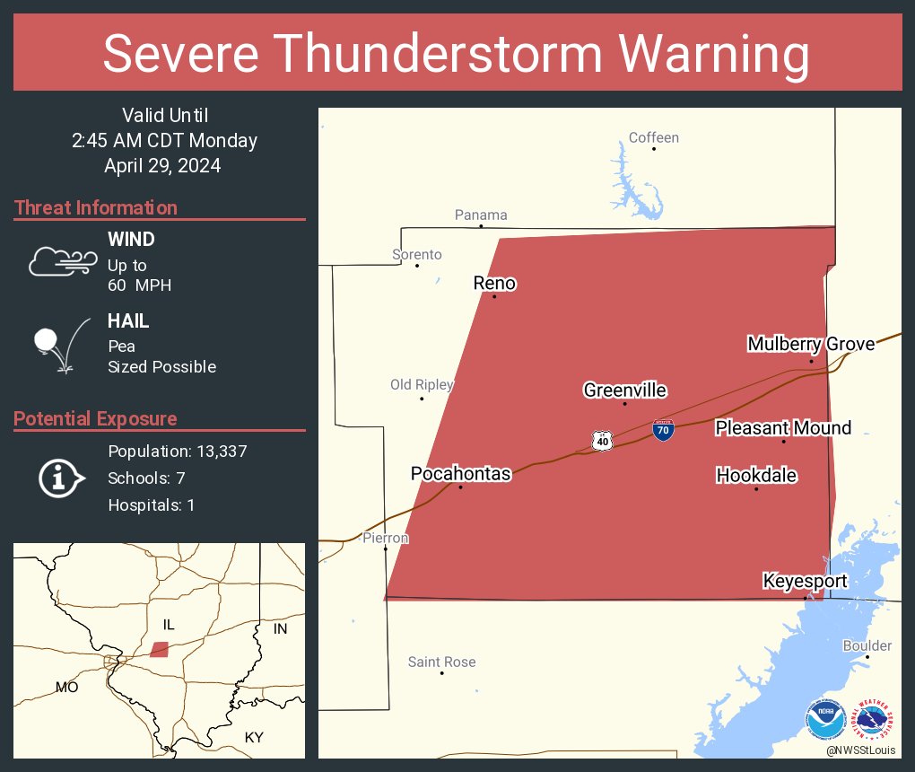 Severe Thunderstorm Warning continues for Greenville IL, Pocahontas IL and Mulberry Grove IL until 2:45 AM CDT