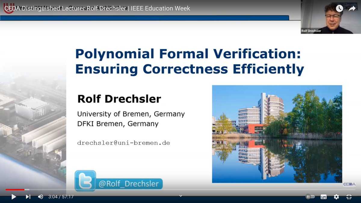 My talk as #CEDA Distinguished Lecturer at IEEE Education Week on “#PolynomialFormalVerification: Ensuring Correctness under Resource Constraints” is available #online in #YouTube youtube.com/watch?v=d4VyqO… @agra_uni_bremen @DFKI @DSC_unibremen #PolyVer @IEEEorg