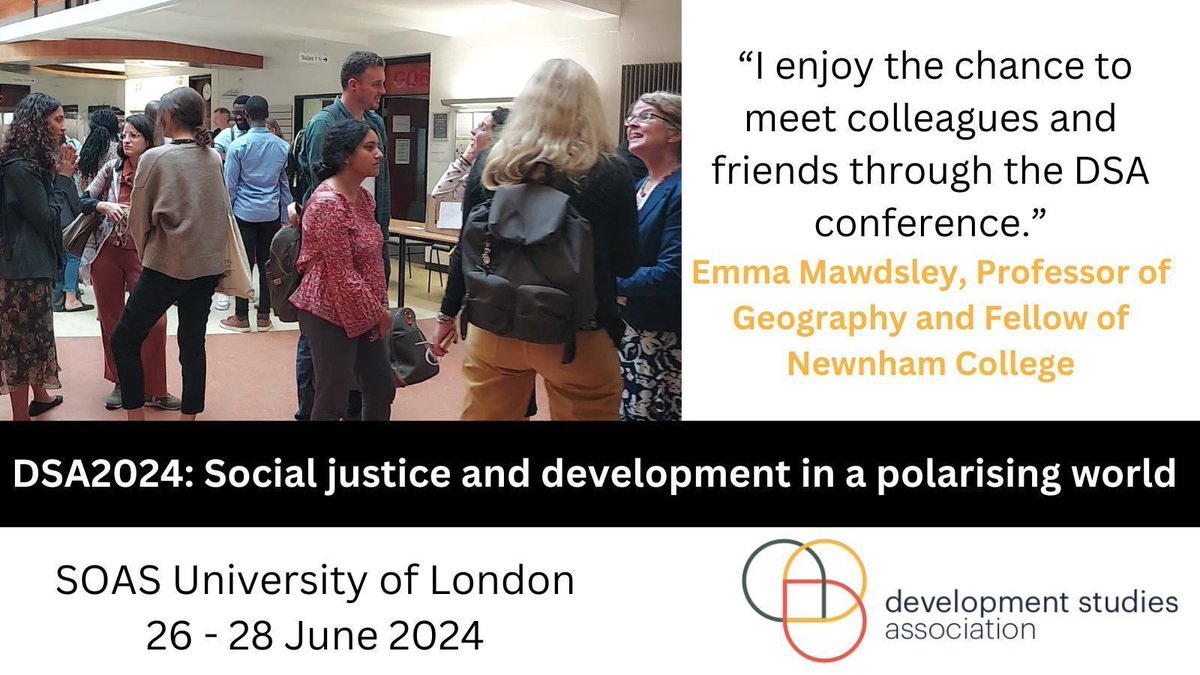 #DSA2024 : Social justice and development in a polarising world 🐦 Early Bird registration is now open! 📅 Join us on 26–28 June 2024 📌 Hybrid: Online and at @SOAS University of London For more info and to register, visit our website ⤵️ buff.ly/4amHJoE