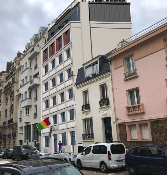 Dans le quartier Saint-Lambert, l'ambassade de Guinée va prochainement faire construire un immeuble de six étages abritant bureaux et logements de fonction, dont la façade sera recouverte d'un enduit ton pierre et couronnée d'une toiture en zinc (9 rue Léon-Delhomme, 15e).