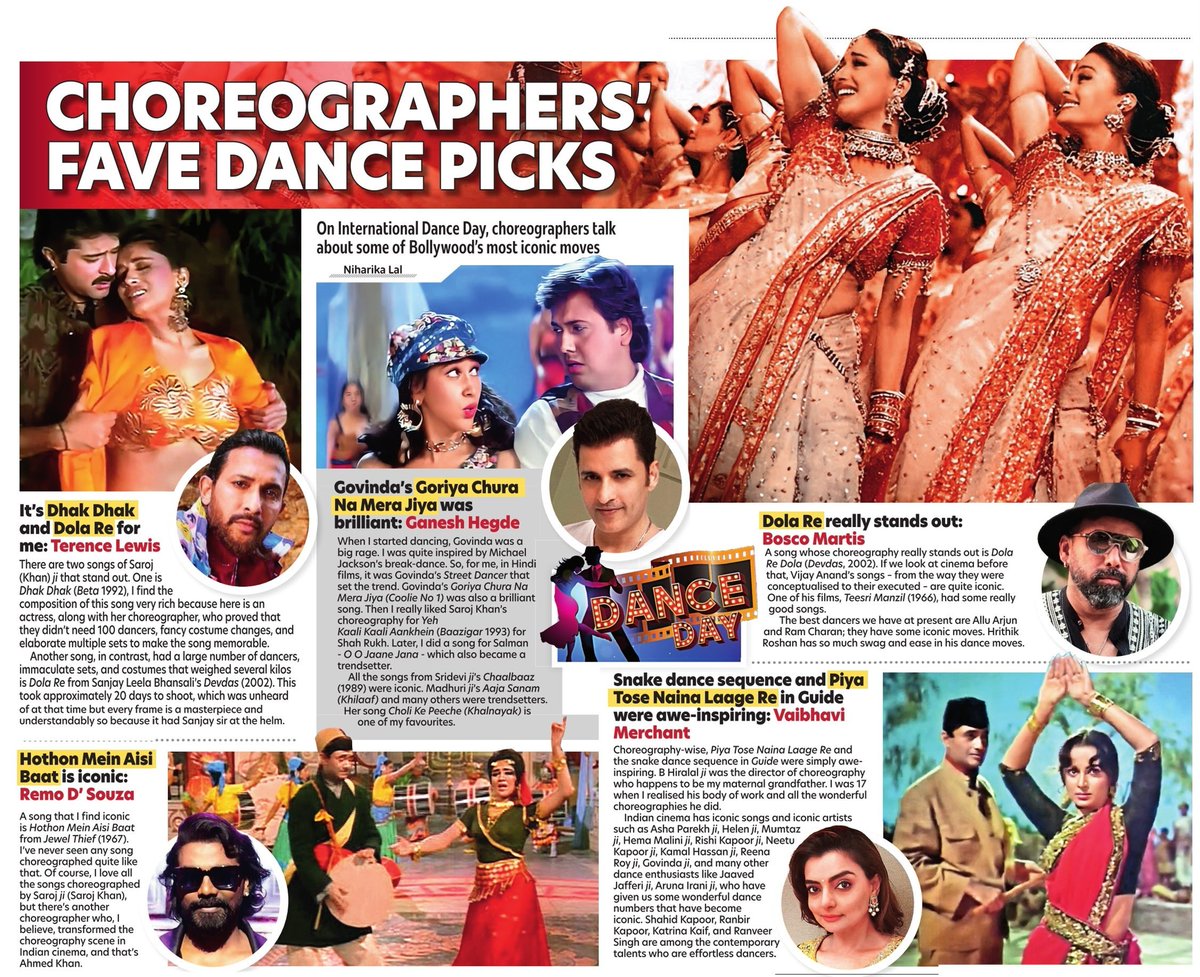 On #InternationalDanceDay, choreographers talk about some of #Bollywood’s most iconic moves Read: shorturl.at/hlzH4 @terencehere @BoscoMartis @remodsouza @GANESHHEGDE @VMVMVMVMVM @MadhuriDixit @AnilKapoor #KarismaKapoor #Govinda #AishwaryaRaiBachchan