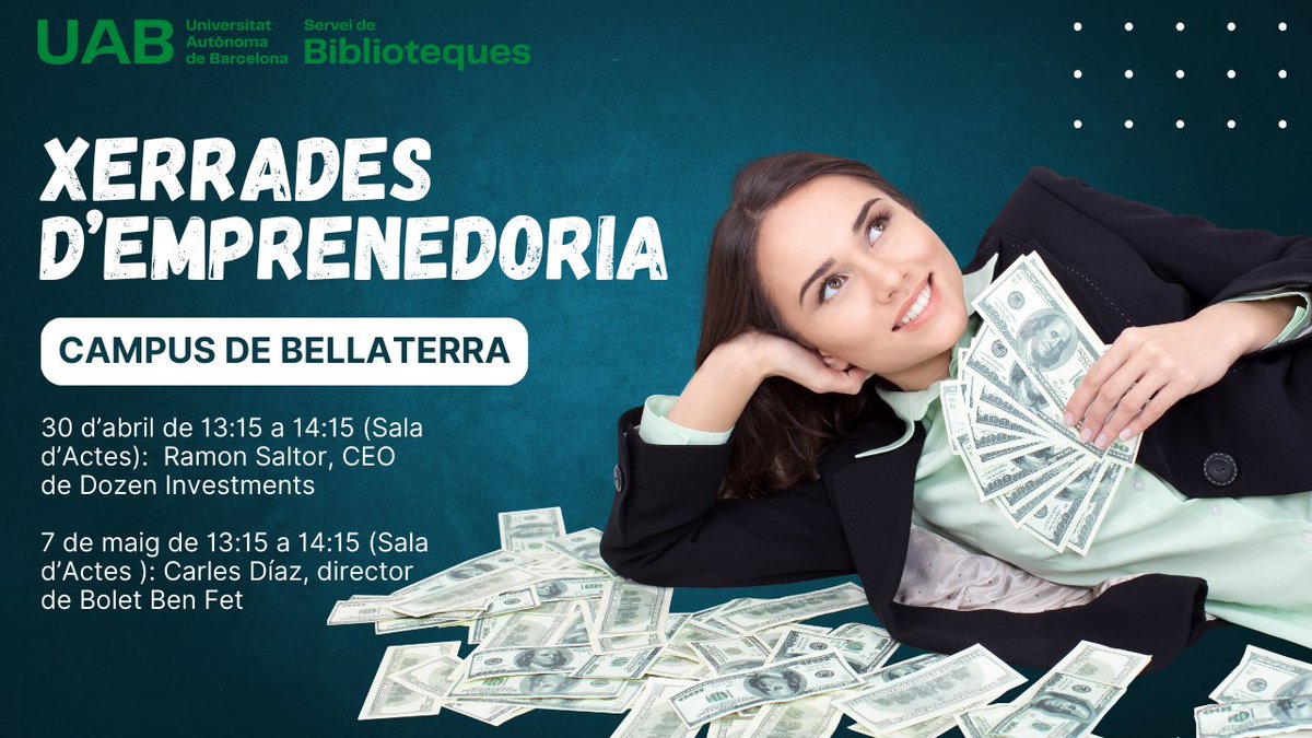 #UABer!
Prepara't per les últimes xerrades d'emprenedoria de l'@economiaUAB d'aquest semestre.
🗓️30 abril 
🕐13:15-14:15h 
Ramon Saltor, CEO de @Dozeninvest

🗓️7 maig
🕐13:15-14:15h
Carles Díaz, director de @BoletBenFet

uab.cat/web/detall-de-…