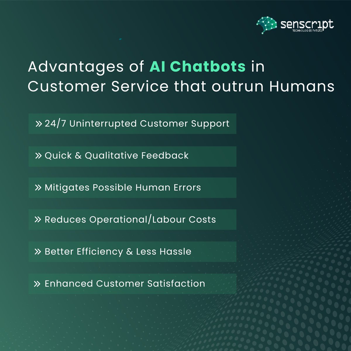senscript's tweet image. It’s been quite a long time since the era of Artificial Intelligence began. While Artificial Intelligence (AI) has transformed many industries, customer service hasn&apos;t fully embraced AI solutions. AI-powered chatbots offer significant benefits when working alongside human agents.