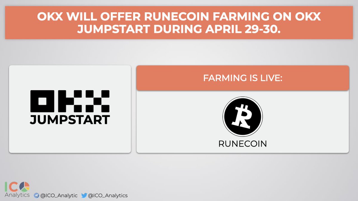 _ @okx will offer @rune_coin farming on OKX Jumpstart as of April 29. Users will be able to stake $BTC on OKX App to farm $RUNECOIN tokens till April 30. 1.75% (367M RUNECOIN) of the total token supply to be offered on the platform. RUNECOIN trading will go live on April 30.…