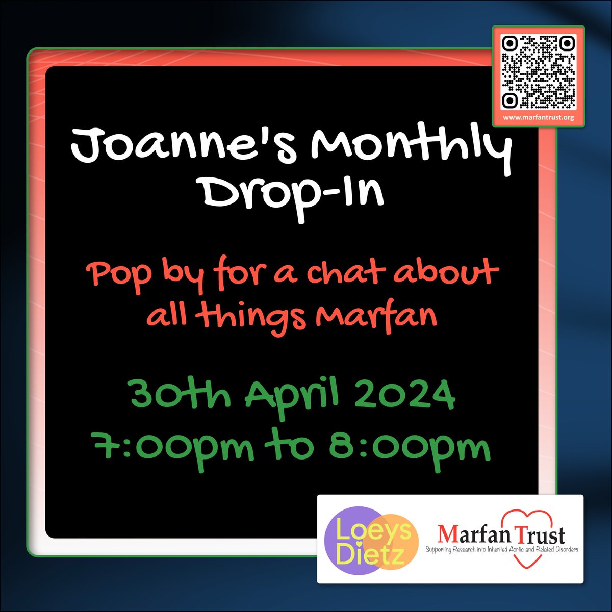 Joanne's Drop-In resumes this Tuesday - tomorrow - at 7pm. Why not pop in for an informal conversation on #Marfan matters. It's an opportunity to meet your fellow supporters and share common concerns in a friendly environment. tinyurl.com/ywxbacxa
