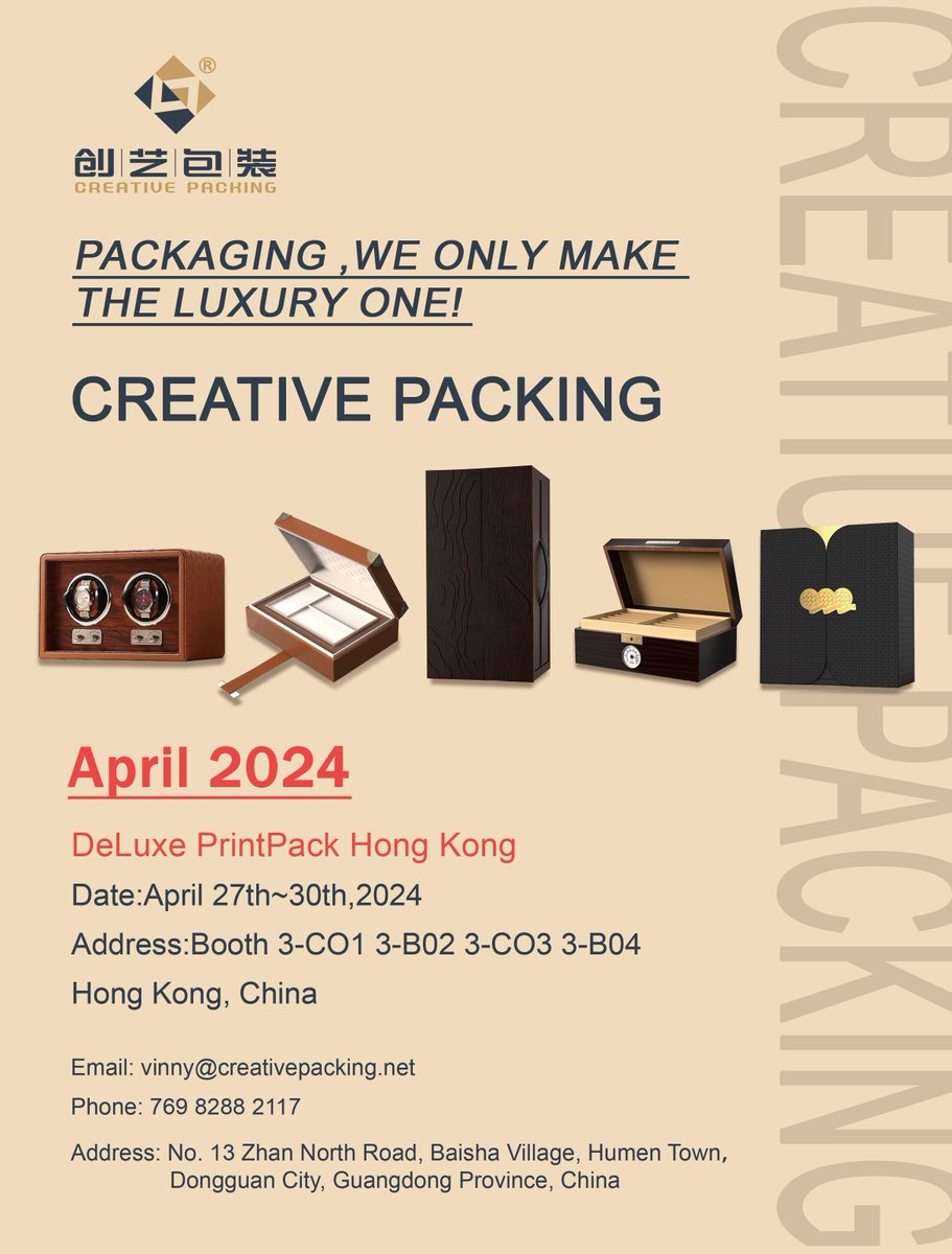 watchpacking's tweet photo. Join us at DeLuxe PrintPack Hong Kong from April 27th to 30th, 2024!
Visit Booth 3-CO1, 3-B02, 3-CO3, 3-B04 to explore our latest innovations in the luxury packaging industry. 
Welcome to visit our booth.✨

#LuxuryPackaging #DeLuxePrintPack #CreativePacking #PackagingInnovation https://t.co/bDqXx7oB0V