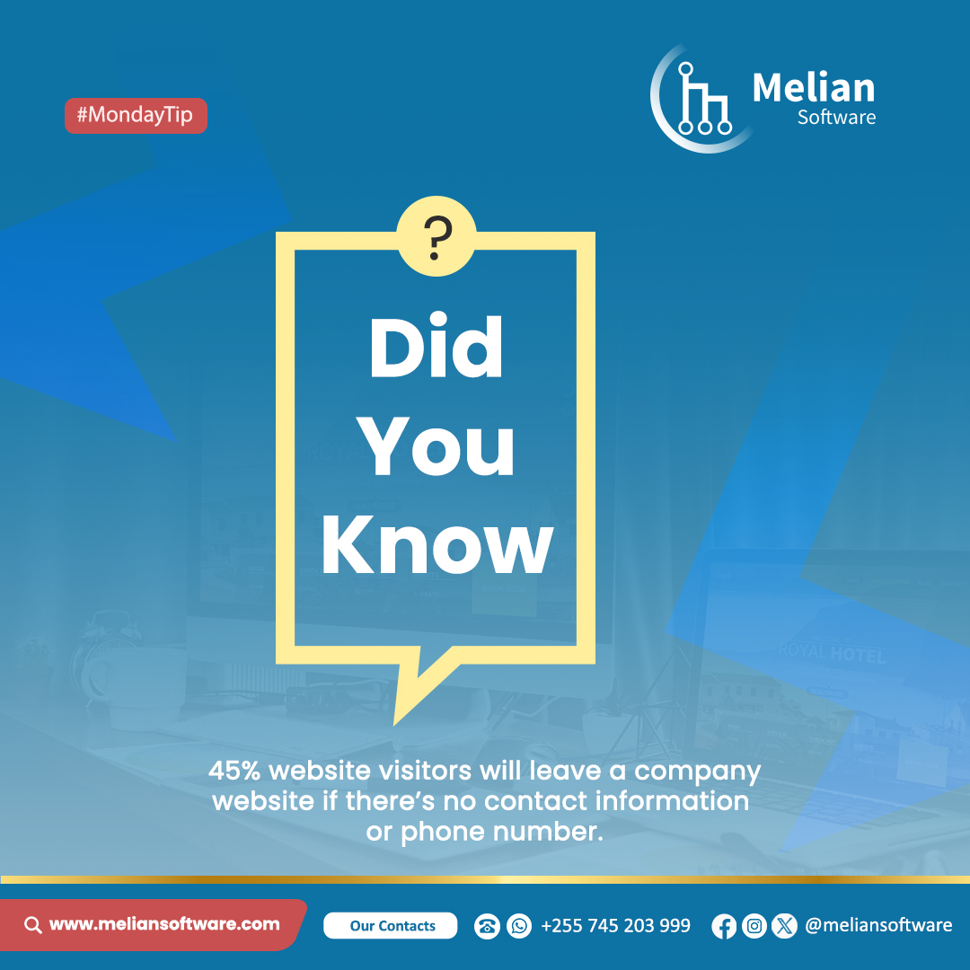 Start your week right, Amplify your website's reach by adding essential contact information. Let's ensure your clients can easily connect with you
 
#MondayTips #WebWisdom #Meliansoftware #Software #Webdevelopment #MondayTip