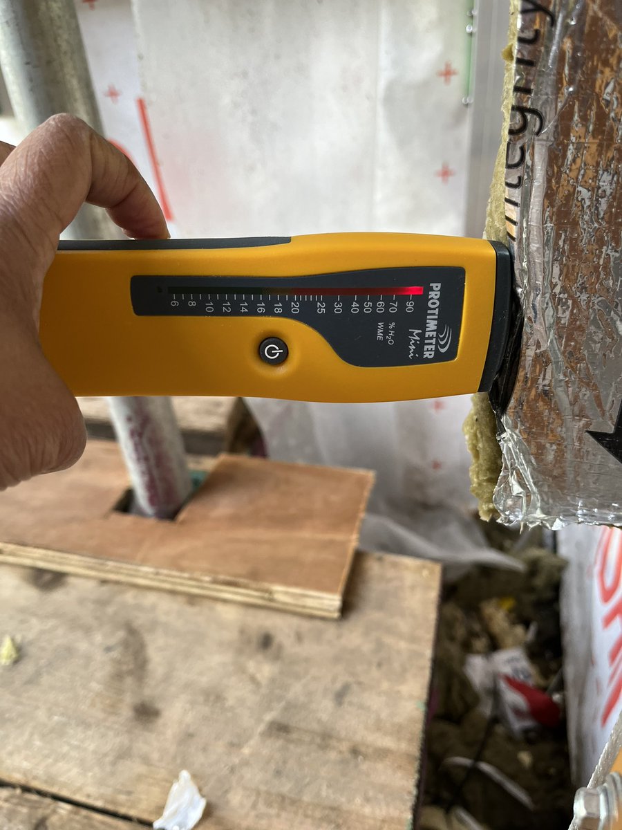 This is the moisture reading on Rockwool insulation this morning following the heavy rains during the weekend. The next step would be cover it with Obex. Should this be covered over or wait until it dries?